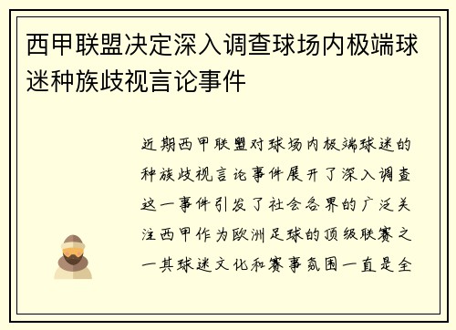 西甲联盟决定深入调查球场内极端球迷种族歧视言论事件 西甲联盟决定深入调查球场内极端球迷种族歧视言论事件