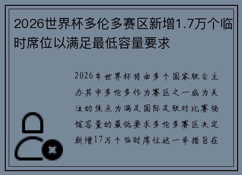 2026世界杯多伦多赛区新增1.7万个临时席位以满足最低容量要求